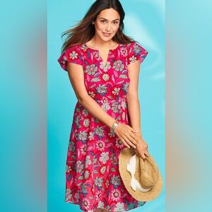 Talbots Flutter Sleeve V Neck Fit Flare Cinched Botanical Floral Dress 16